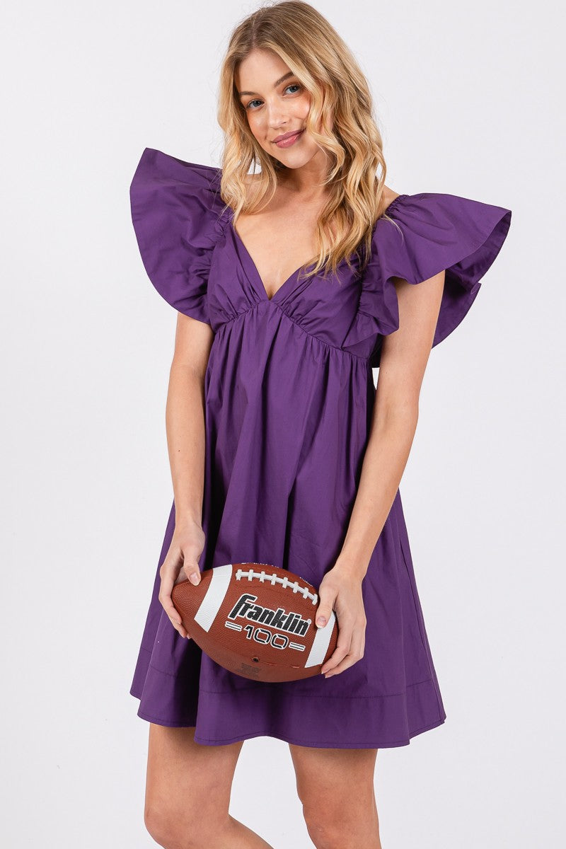 Poplin Ruffle Sleeve Tie Back Dress