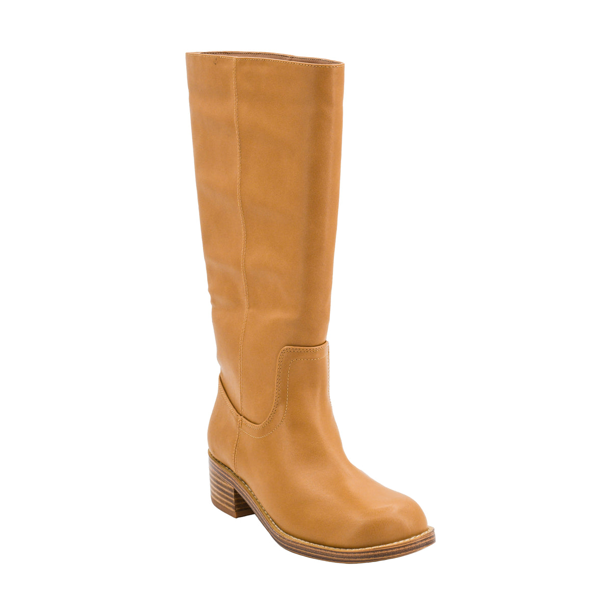 A tall, knee-high leather boot in a warm tan or camel color, featuring a low stacked block heel and a square toe, shown against a plain white background.