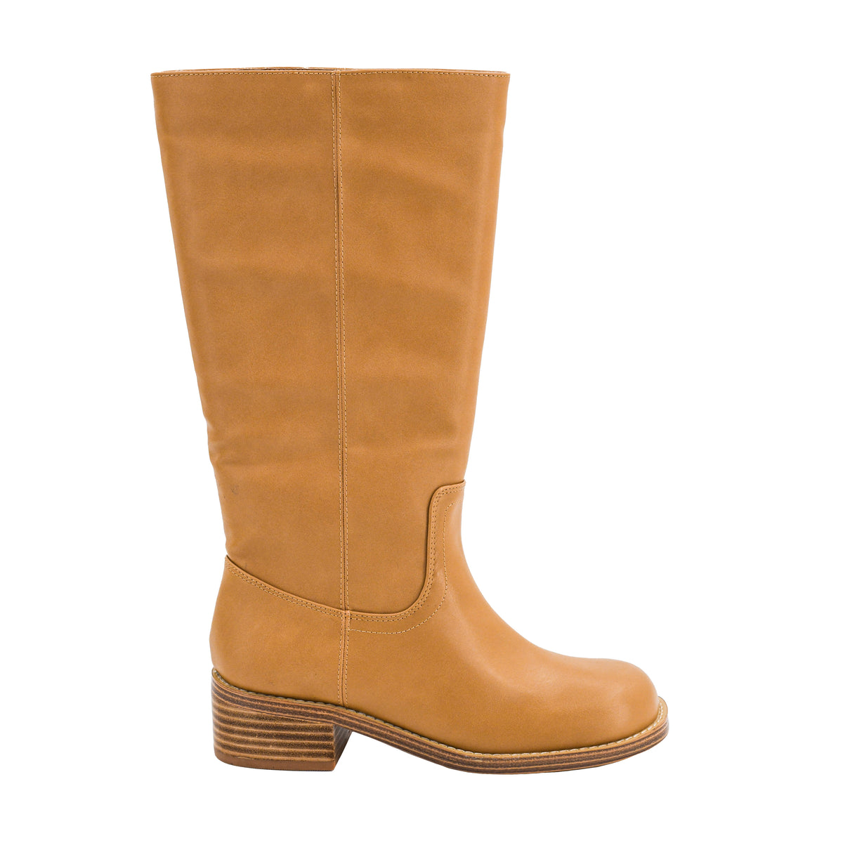 A tall mid-calf boot in tan leather with a stacked wood-look block heel, shown from a side profile on a white background.