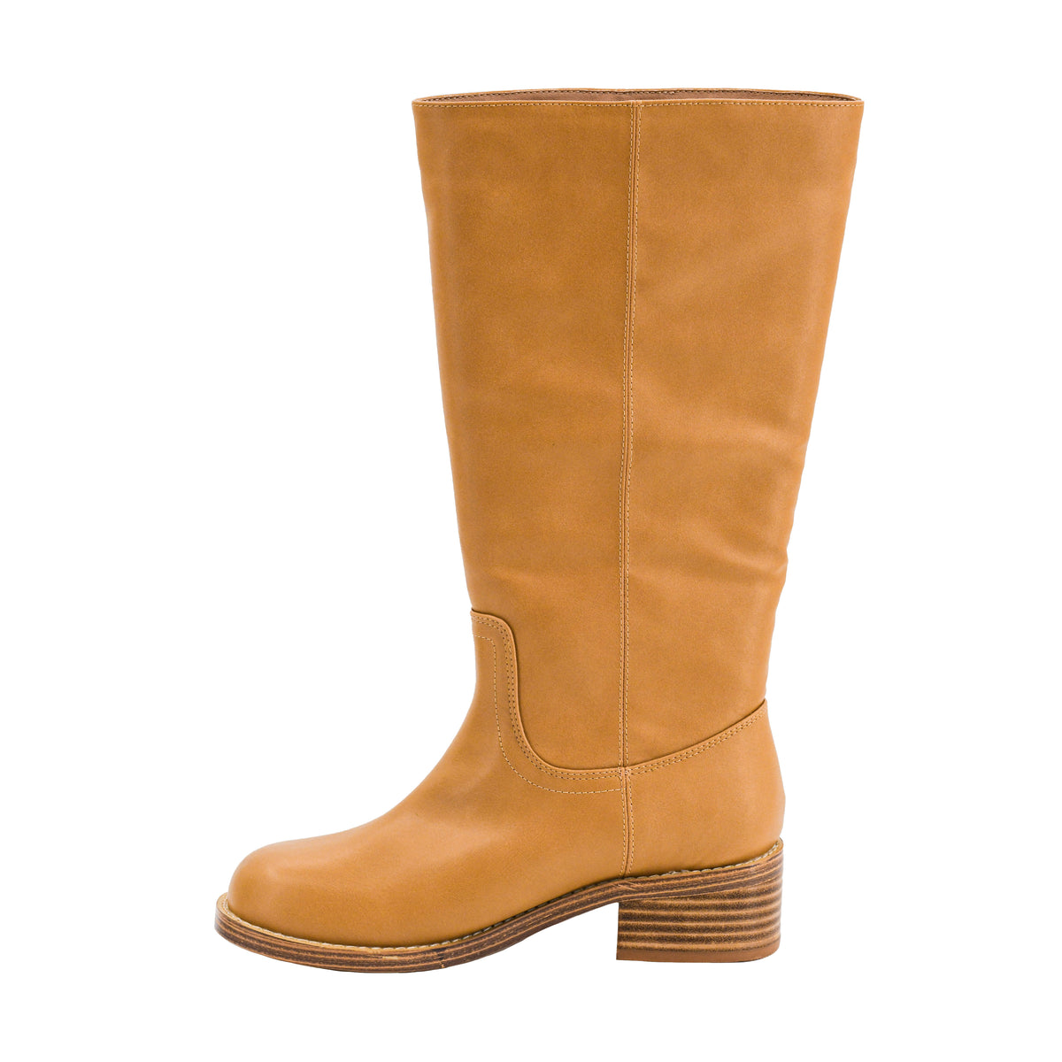 A tall tan leather boot with a stacked wood-look block heel, shown from a side profile against a solid white background.