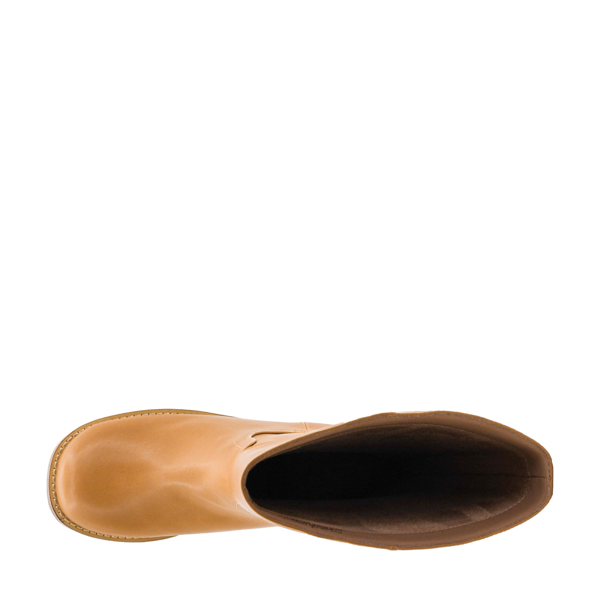 A top-down view of a light tan leather boot on a solid white background.