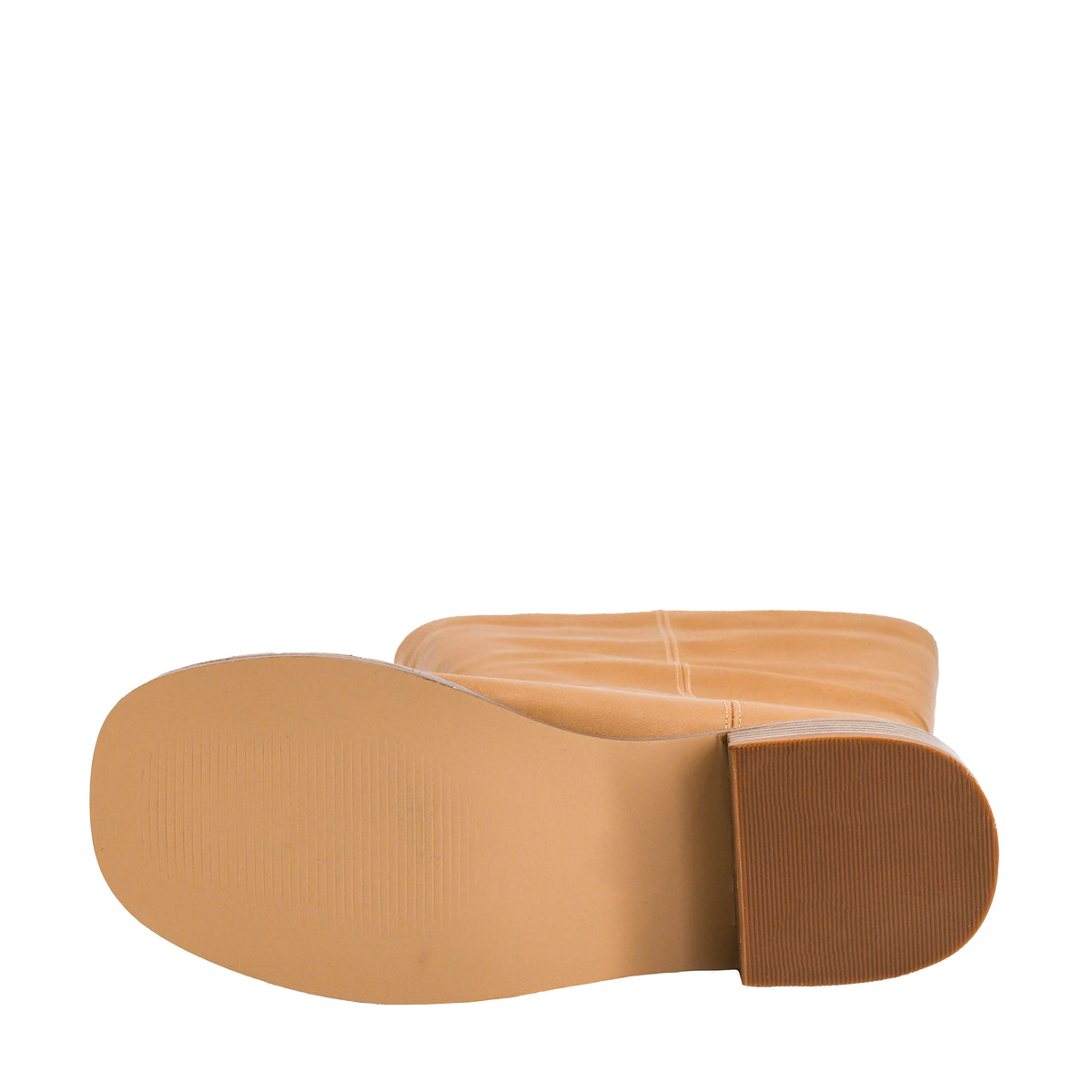 A close-up view of a boot's sole, showing a tan rubber outsole and a darker brown heel, against a solid white background.