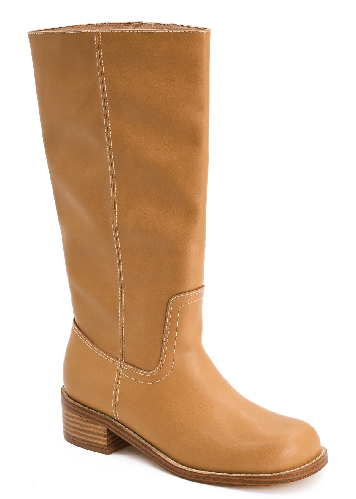 A tall tan leather boot with a low stacked wood-look heel, shown from a three-quarters angle on a white background.