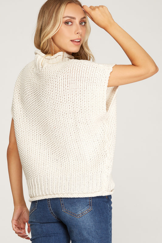 DROP SHOULDER SLEEVELESS MOCK NECK KNIT SWEATER TOP - Cream