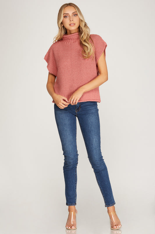 DROP SHOULDER SLEEVELESS MOCK NECK KNIT SWEATER TOP - Marsala