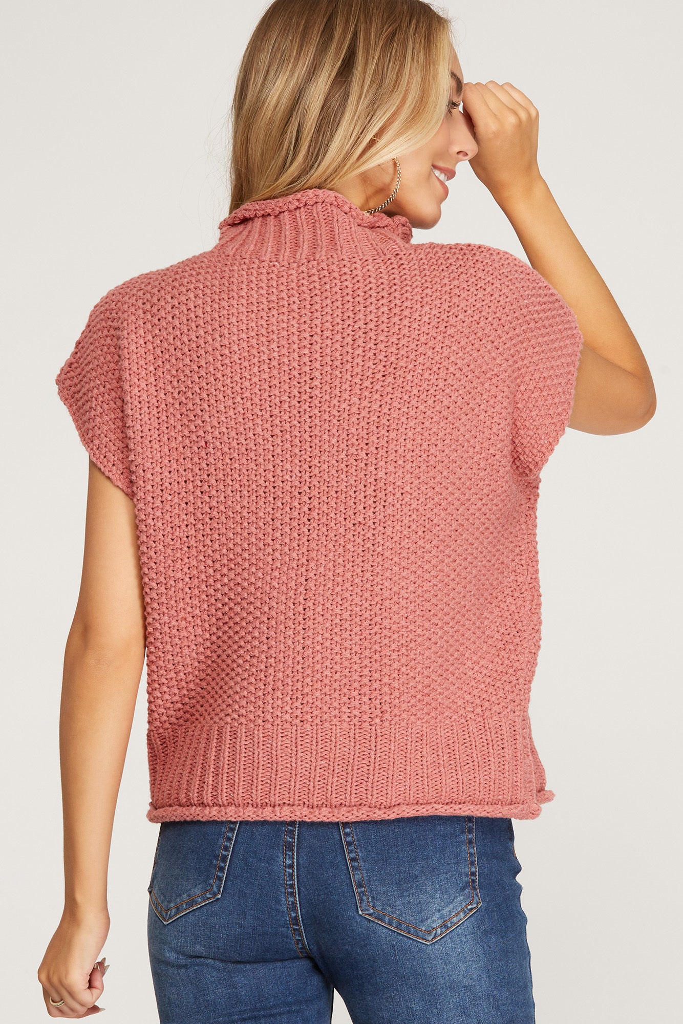 DROP SHOULDER SLEEVELESS MOCK NECK KNIT SWEATER TOP - Marsala