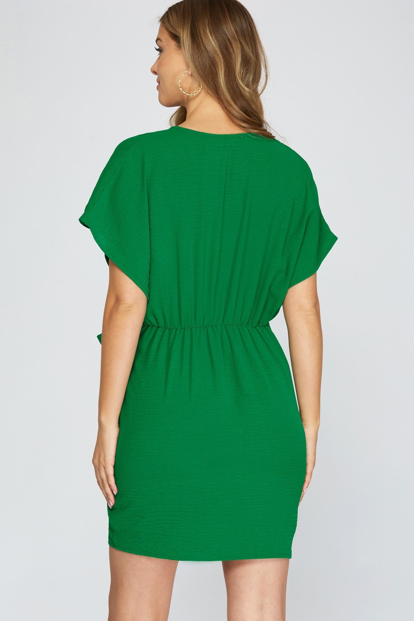 DOLMAN SLEEVE SURPLICE WOVEN V NECK DRESS WITH SIDE TIE - Green