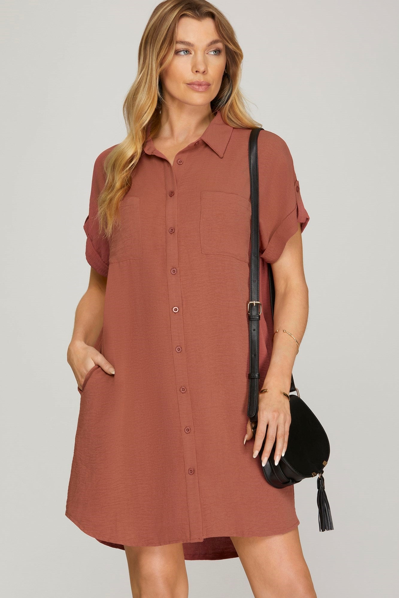 DROP SHOULDER BUTTON UP WOVEN SHIRT DRESS WITH POCKETS