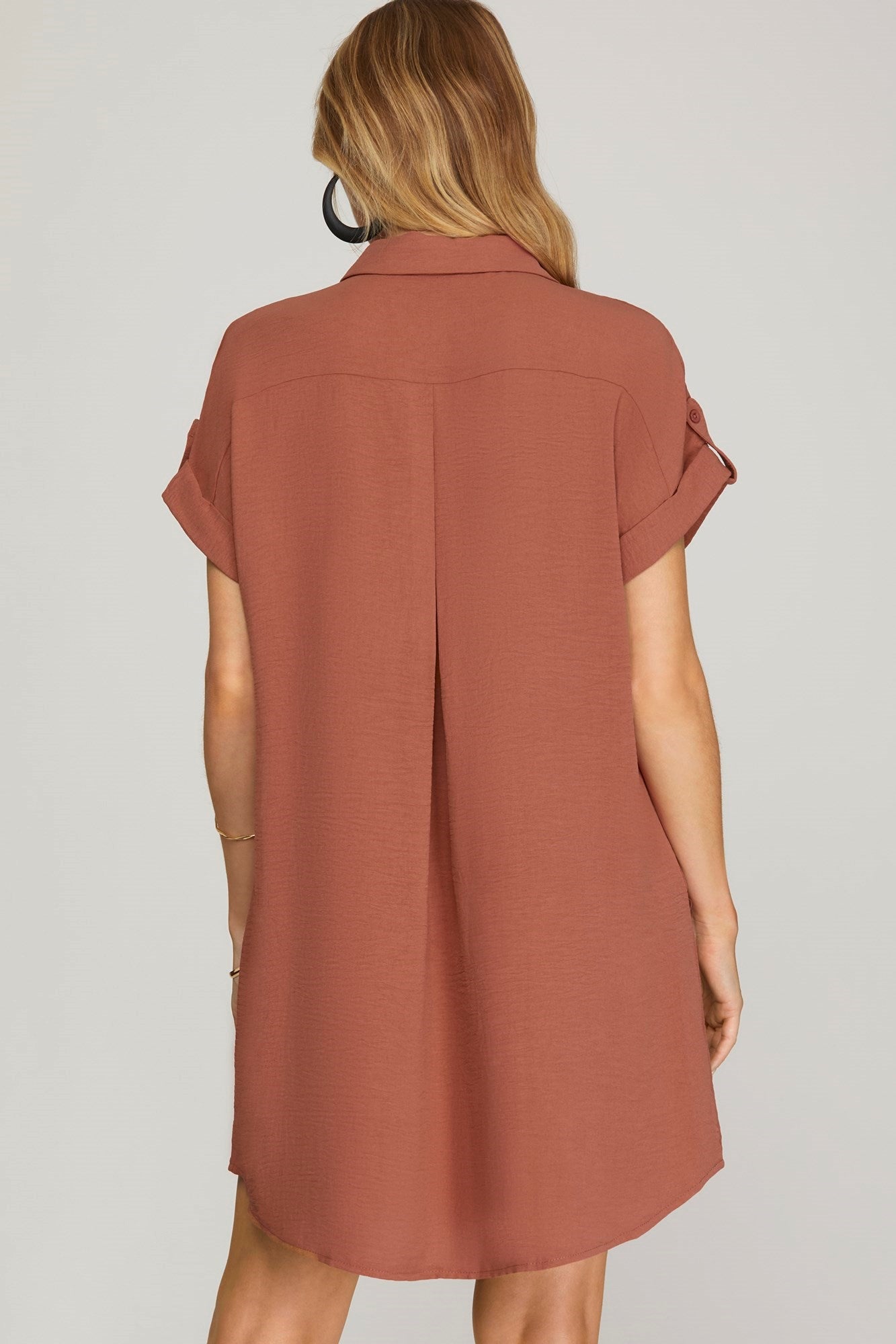 DROP SHOULDER BUTTON UP WOVEN SHIRT DRESS WITH POCKETS