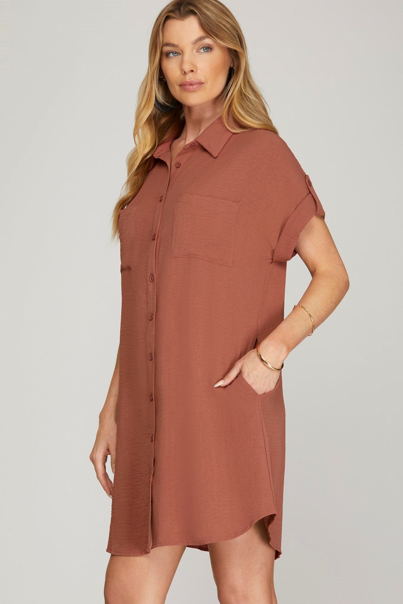 DROP SHOULDER BUTTON UP WOVEN SHIRT DRESS WITH POCKETS