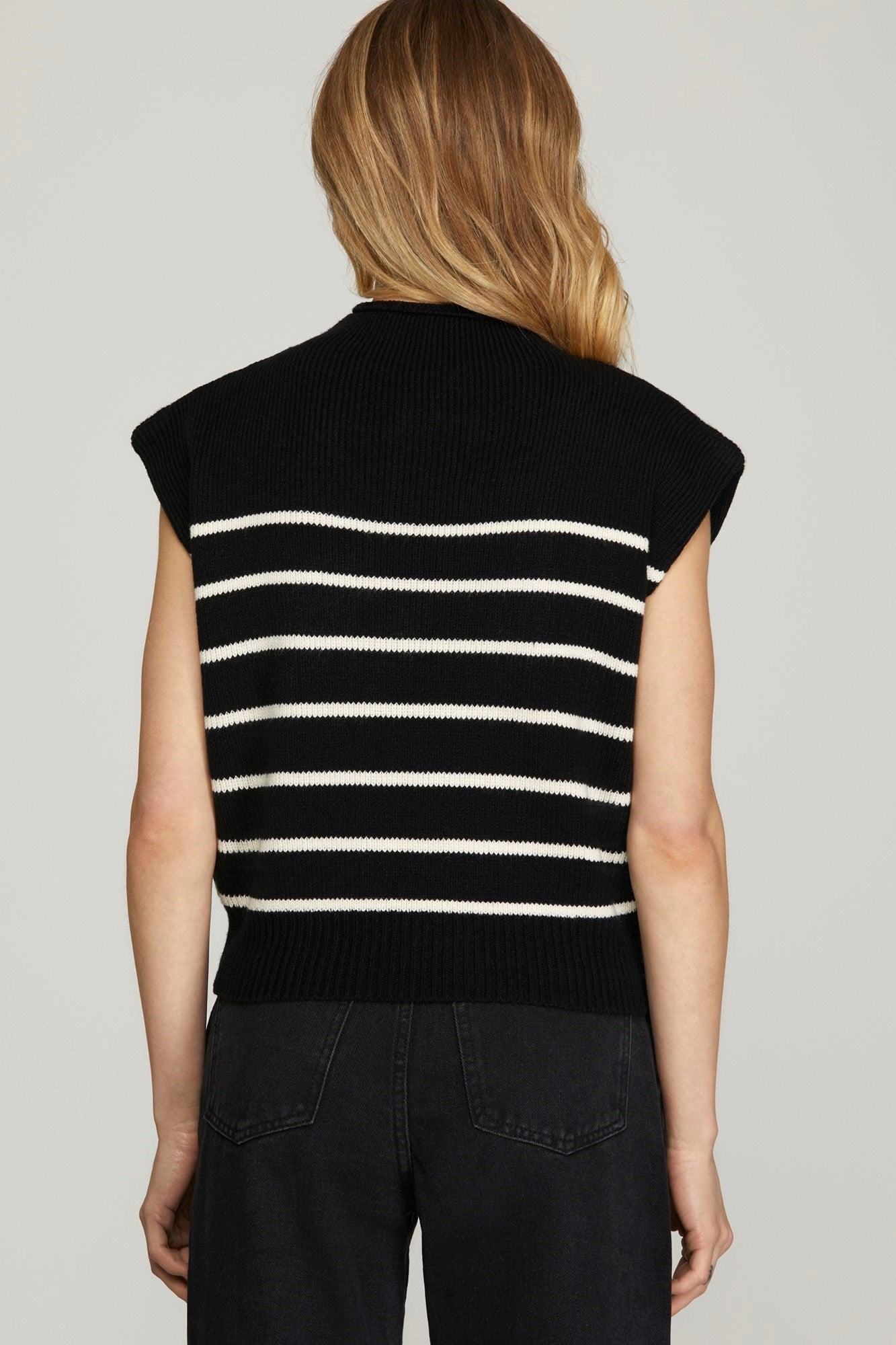 MOCK NECK STRIPED SWEATER TOP - BLACK