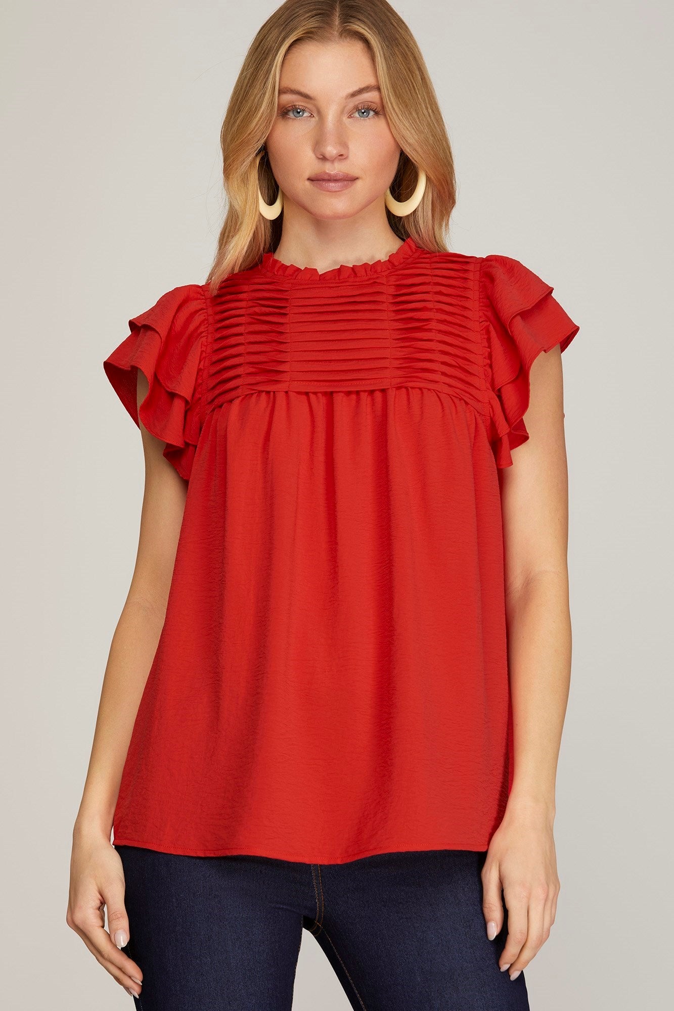 Red Pleated York Woven Top
