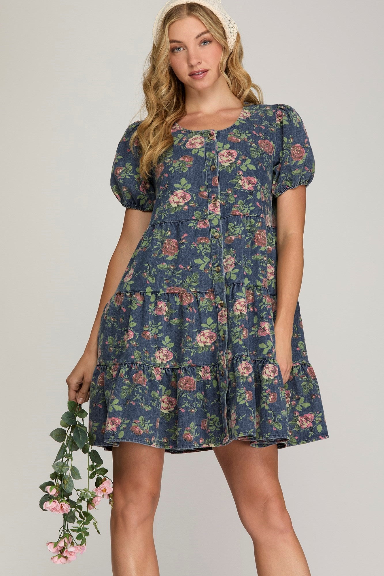 PUFF SLEEVE BUTTON DOWN TIERED PRINT DENIM DRESS