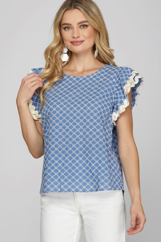 Blue Ric Rac Trim Eyelet Lace Top
