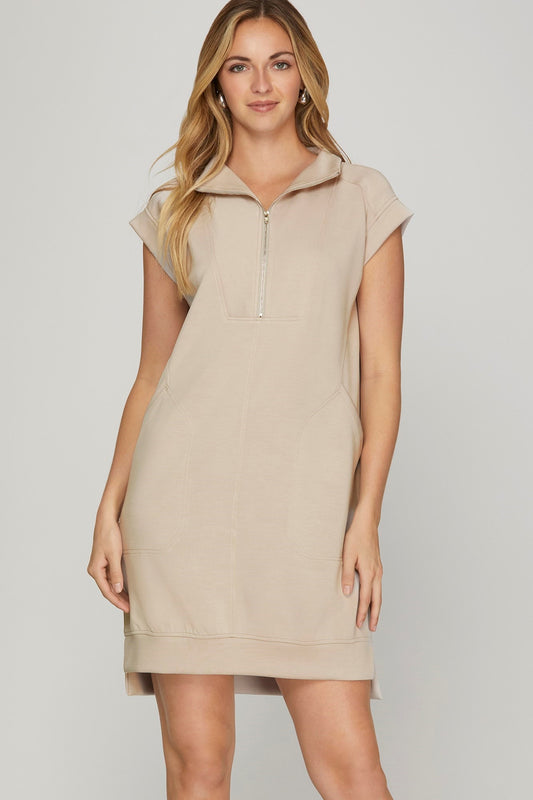 Lt. Taupe Knit Drop Shoulder Half Zip Dress w Pockets