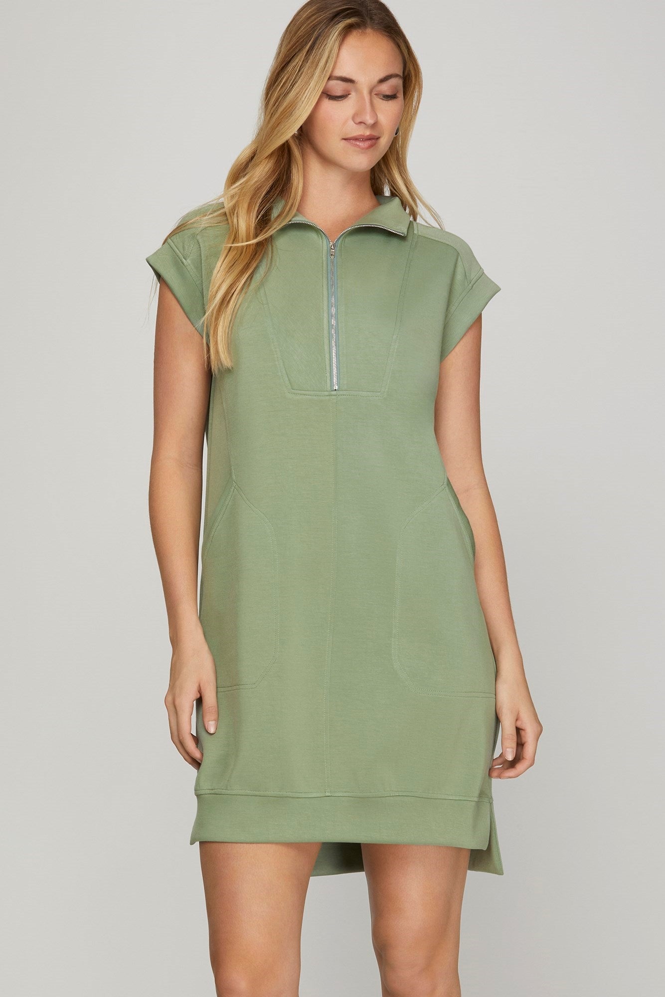 Lt. Olive Knit Drop Shoulder Half Zip Dress w Pockets