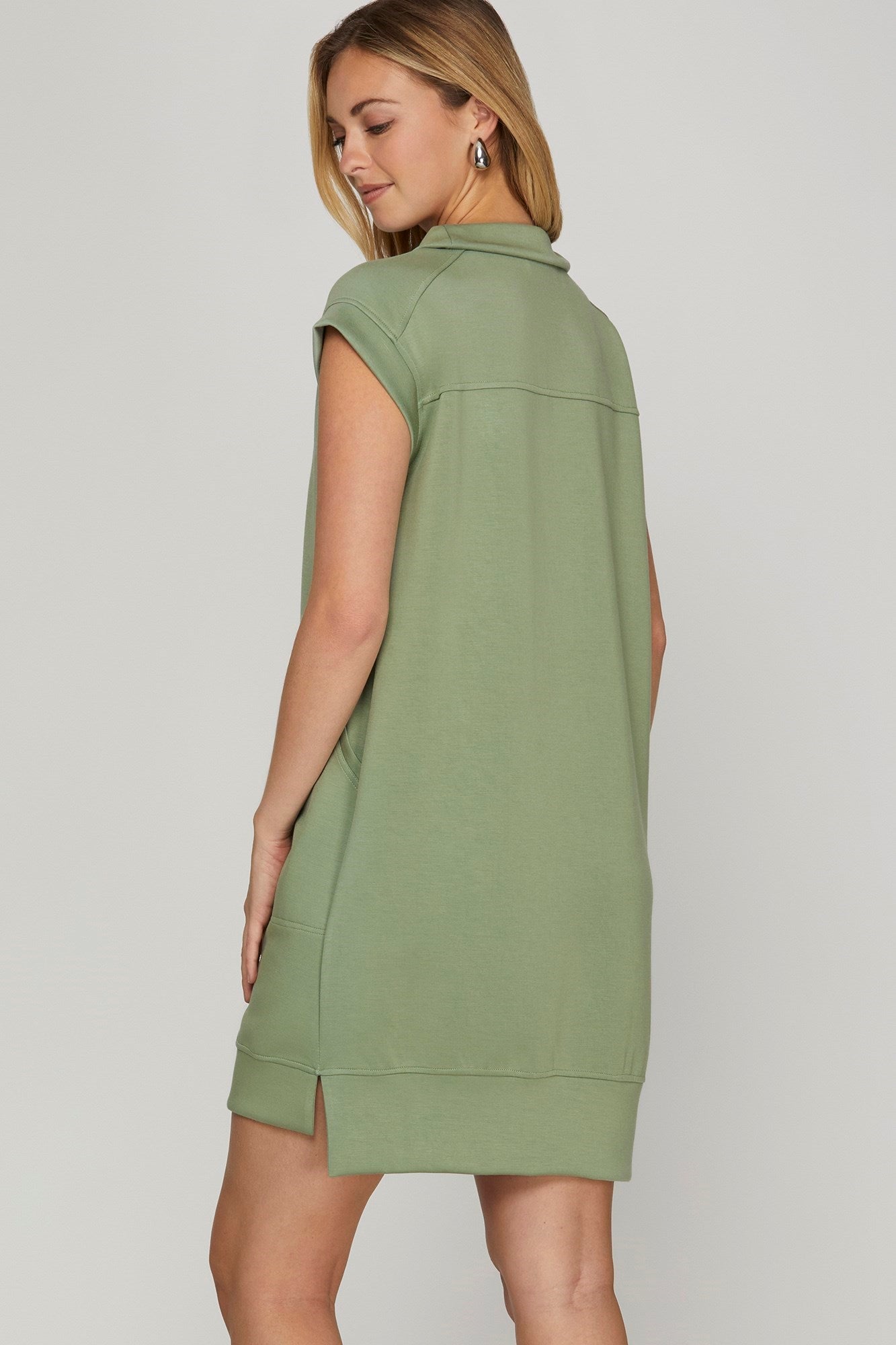 Lt. Olive Knit Drop Shoulder Half Zip Dress w Pockets