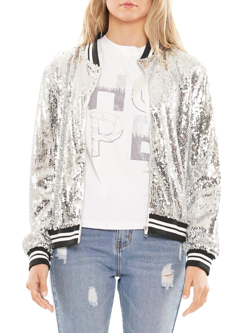 Silver Sequin Bomber Jacket with Black and White