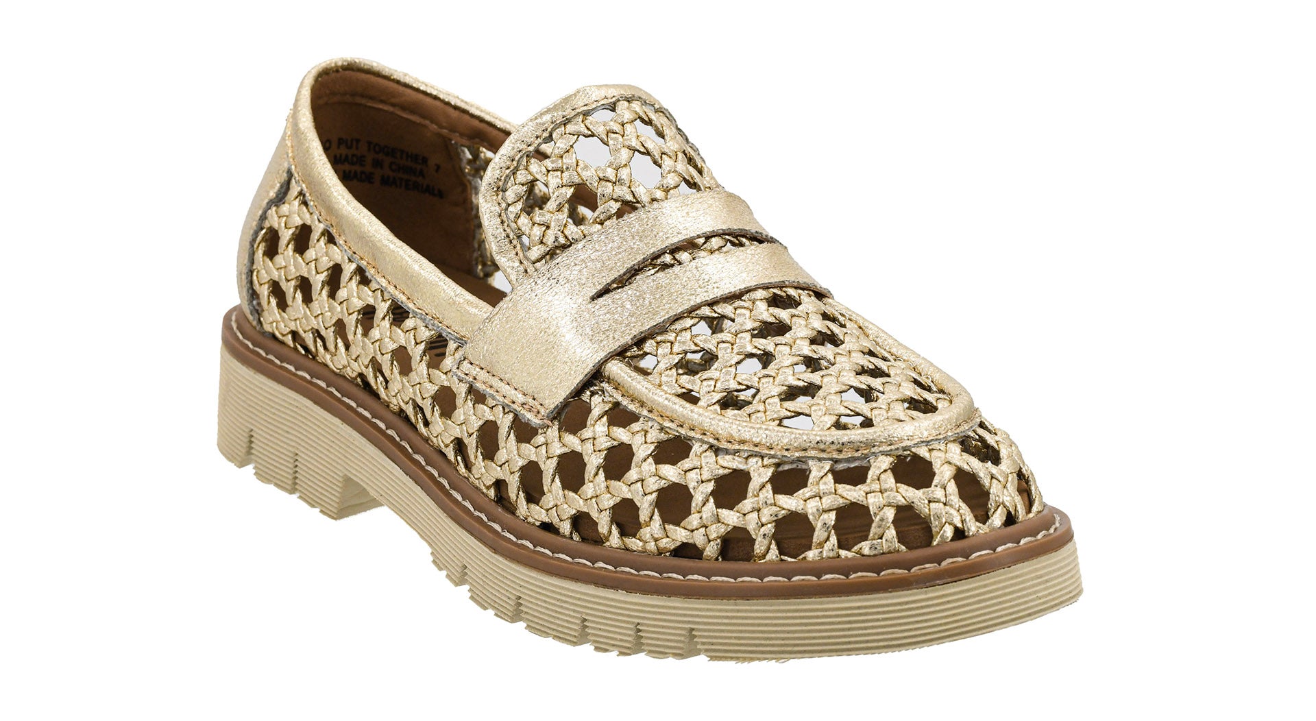 Beige loafer with Gold cut-out design on a white background