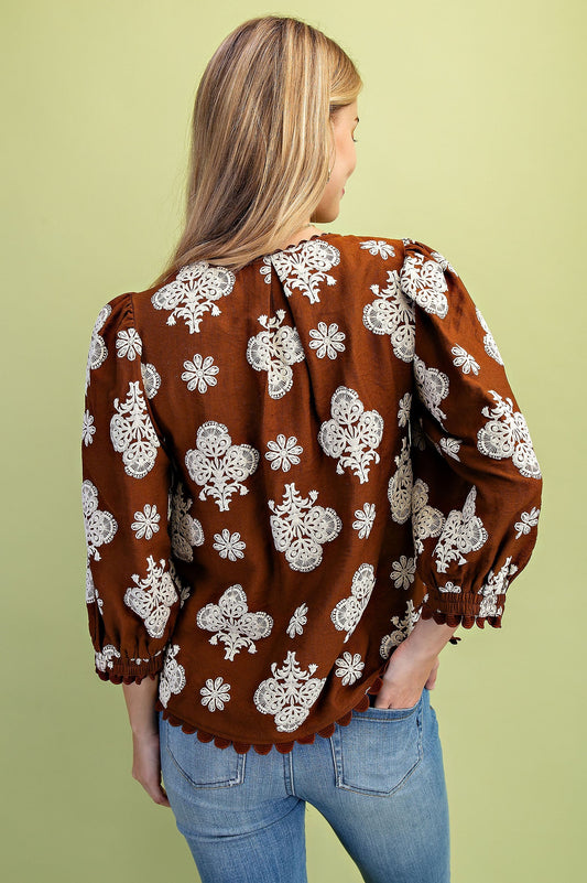Walnut Puff Printed V neck Blouse