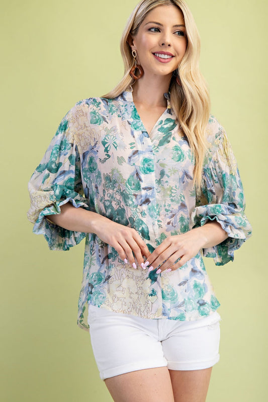 Ivory  Mix Floral Button Down 3/4 Balloon Sleeves top