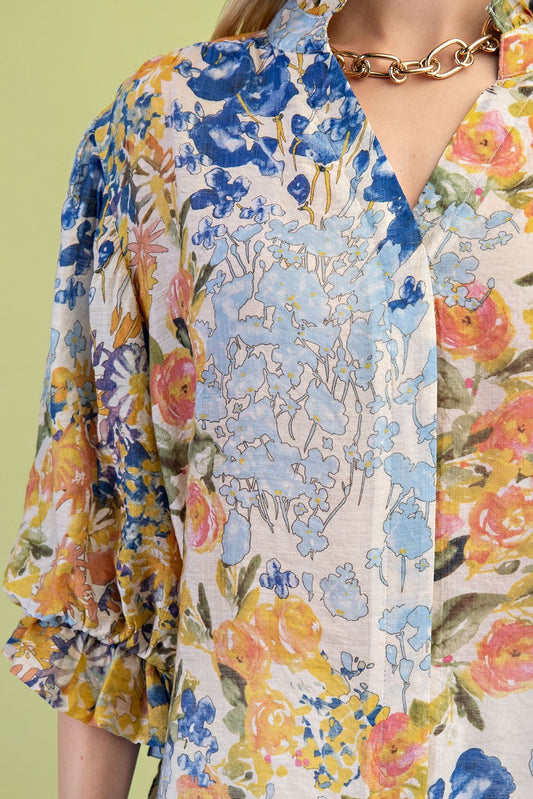 Blue Mix Floral Button Down 3/4 Balloon Sleeves top