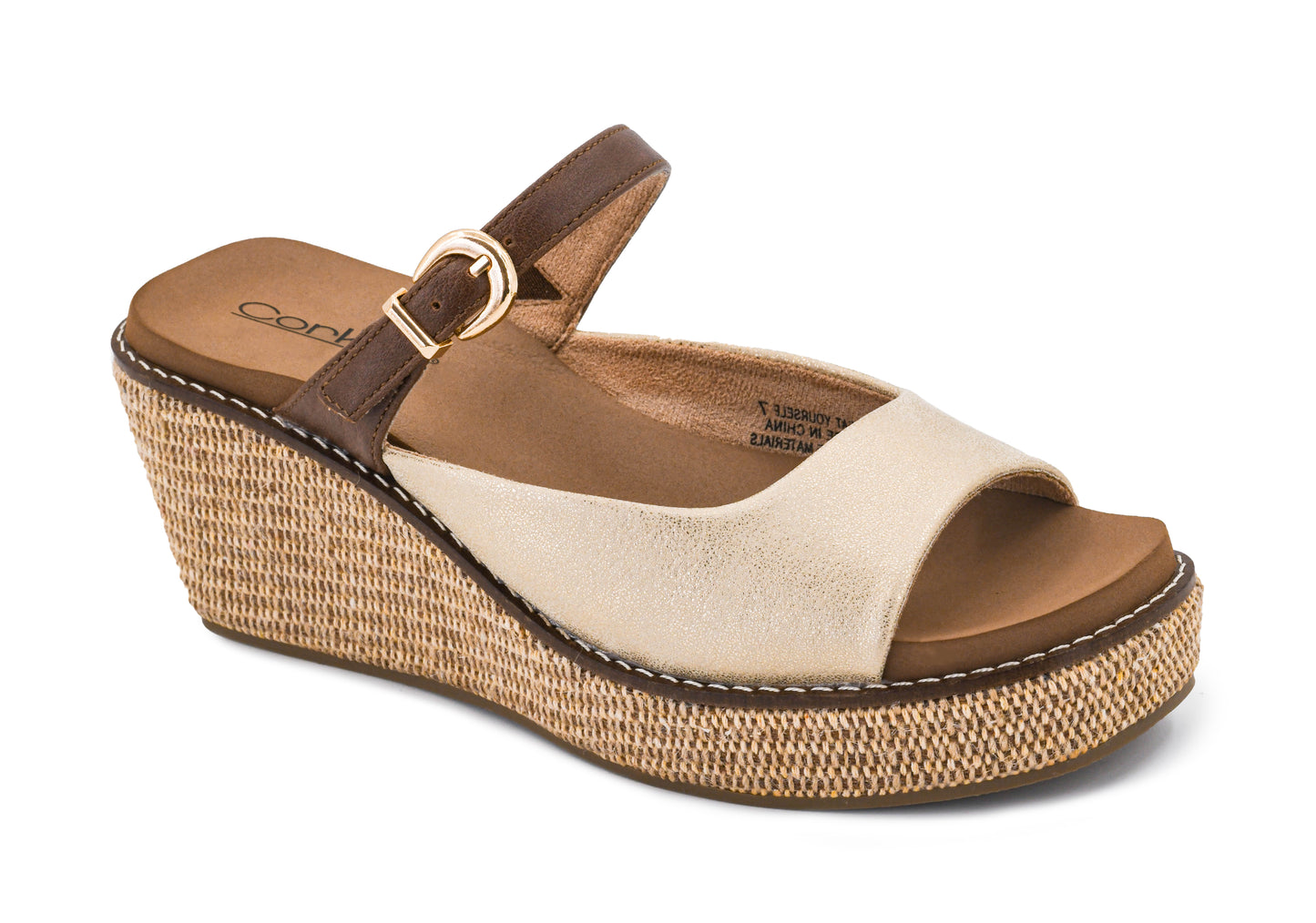 Brushed Gold wedge sandal with brown strap on a white background
