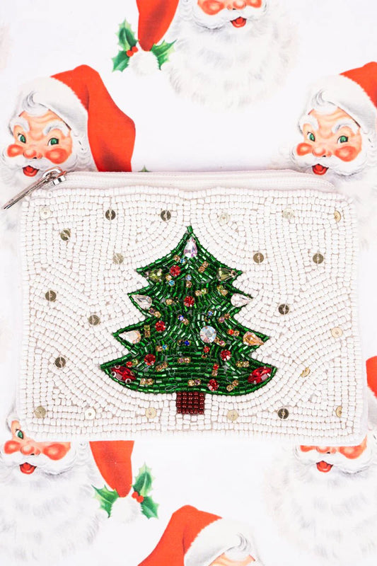 Holiday Tree White Seed Bead Coin Purse