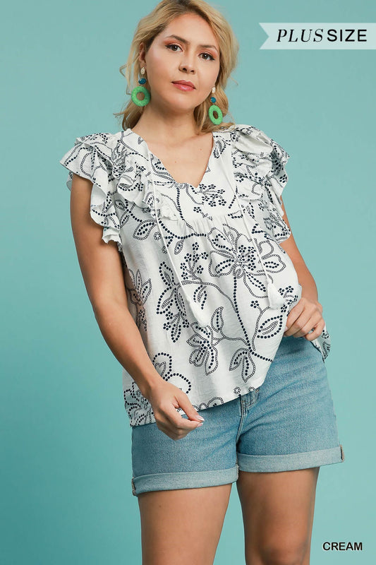 Floral Print w Ruffled Sleeves - The Curvy Collection