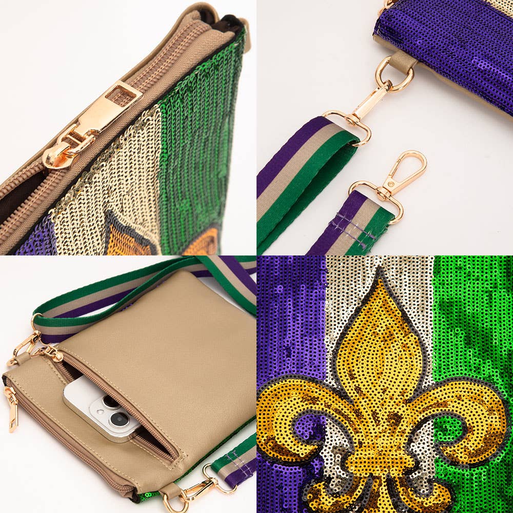 Fleur de Lis Mardi Gras Sequin Crossbody Bag