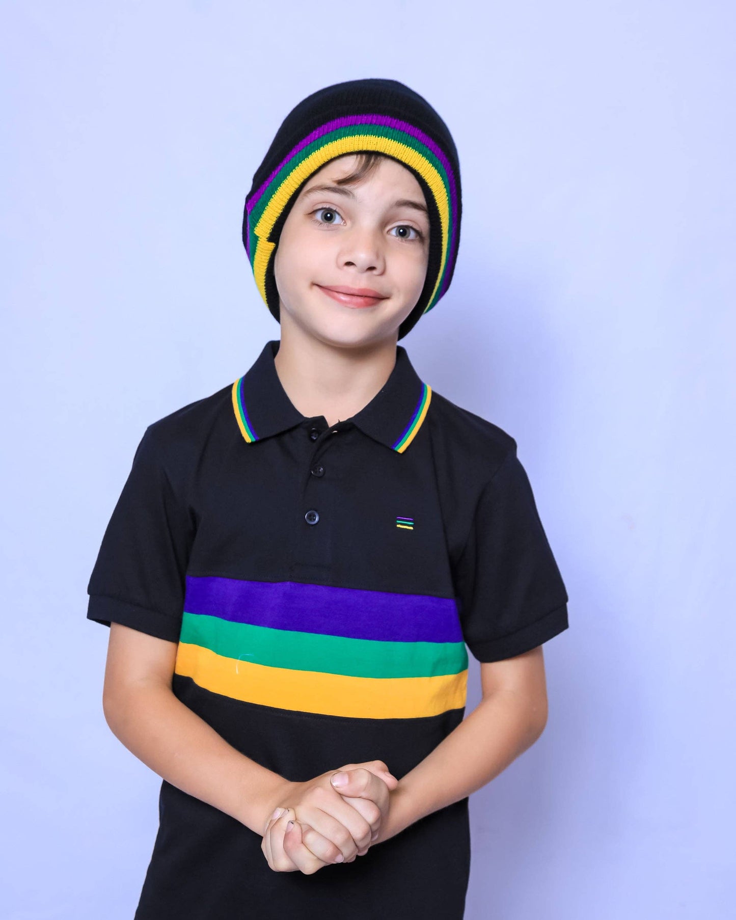 Black Mardi Gras Rugby Beanie With Purple Green And Gold Stripes