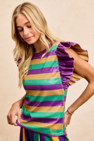 Mardi Gras Spangle Ruffle Sleeve Top
