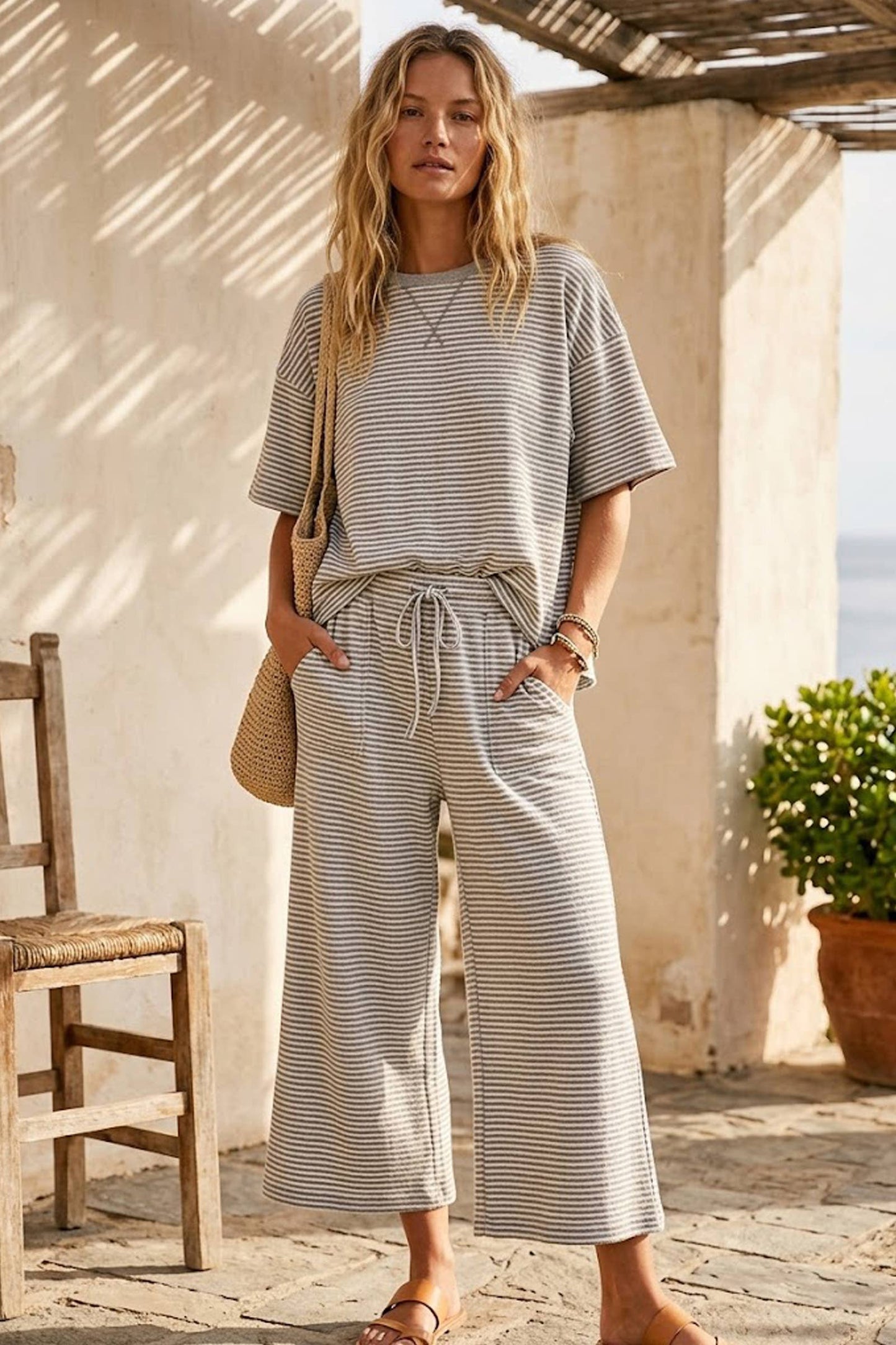 Bria Grey Striped Knit Top and Pants Set