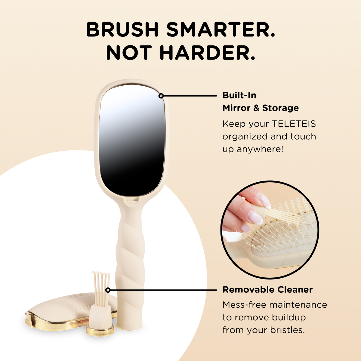 TELETIES "Brush smarter, not harder" graphic showing brush features