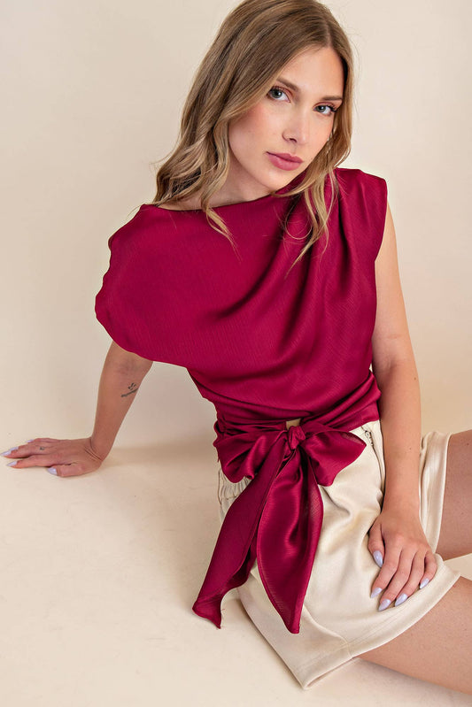 Boat Neck Waist Tie Blouse