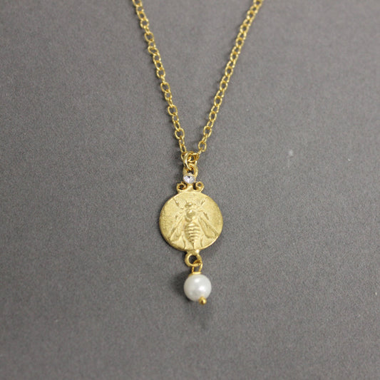 Circle Coin Bee Necklace w/ Pearl Drop
