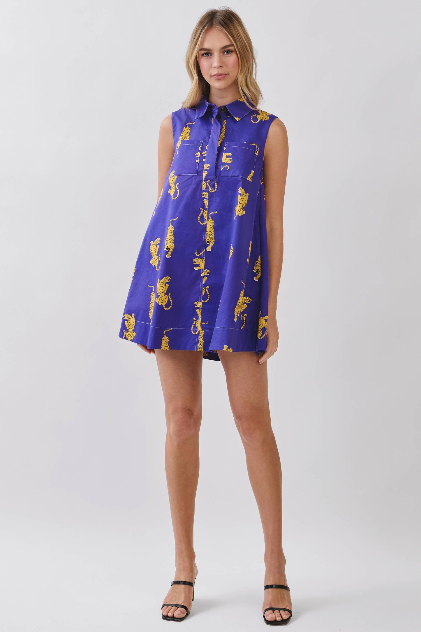 Tiger Print Sleeveless Shirt Dress