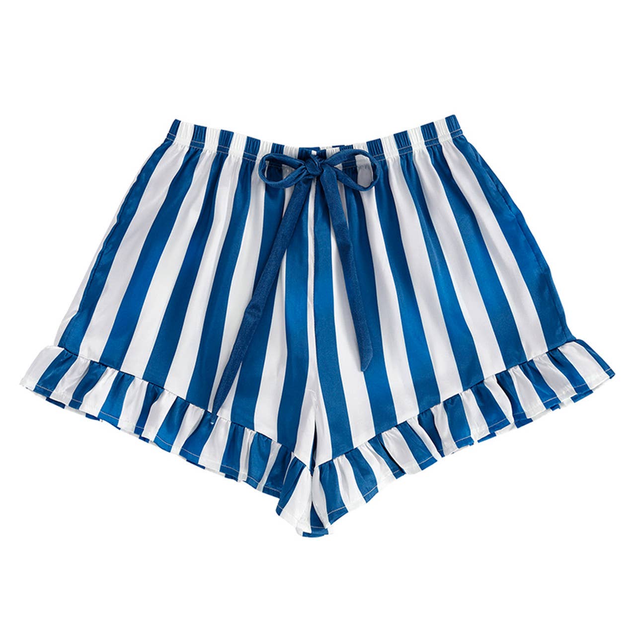 Ruffle Short PJ Set With Velvet Tie - Blue Stripe