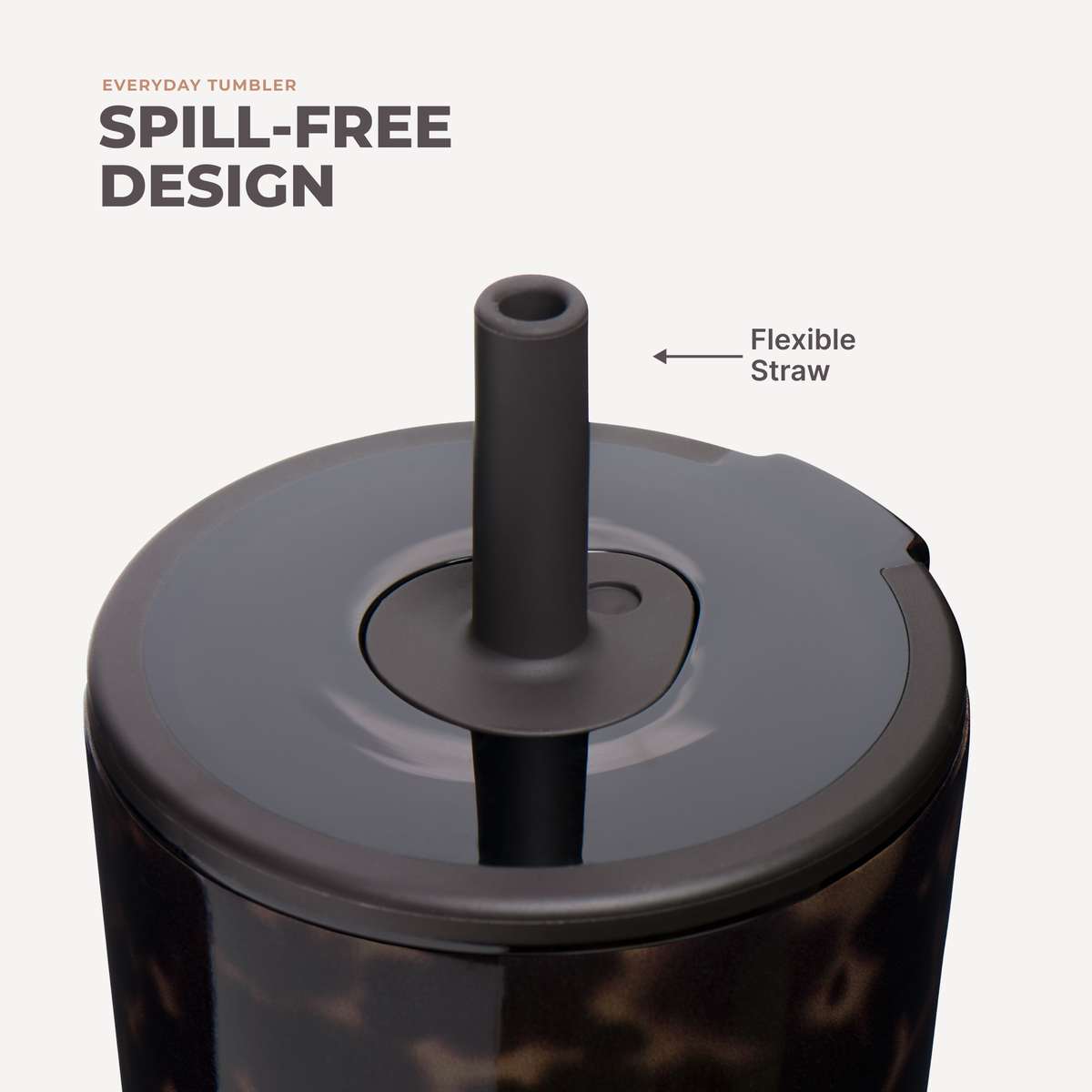 Mocha Tortoise HydroJug lid close-up showing the flexible straw and a callout highlighting the spill-free design