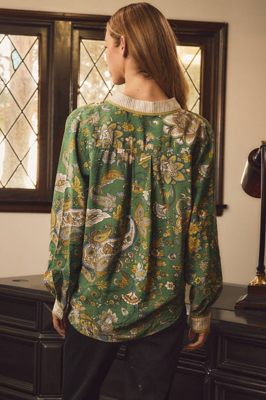 Back view of the Emerald Heirloom Blouse in green and gold paisley print