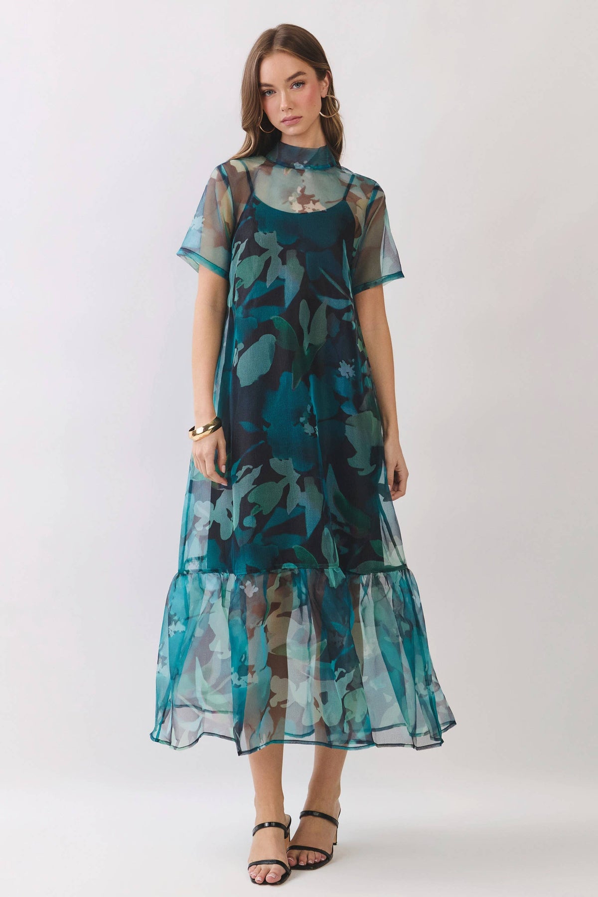 teal floral sheer overlay midi dress 
