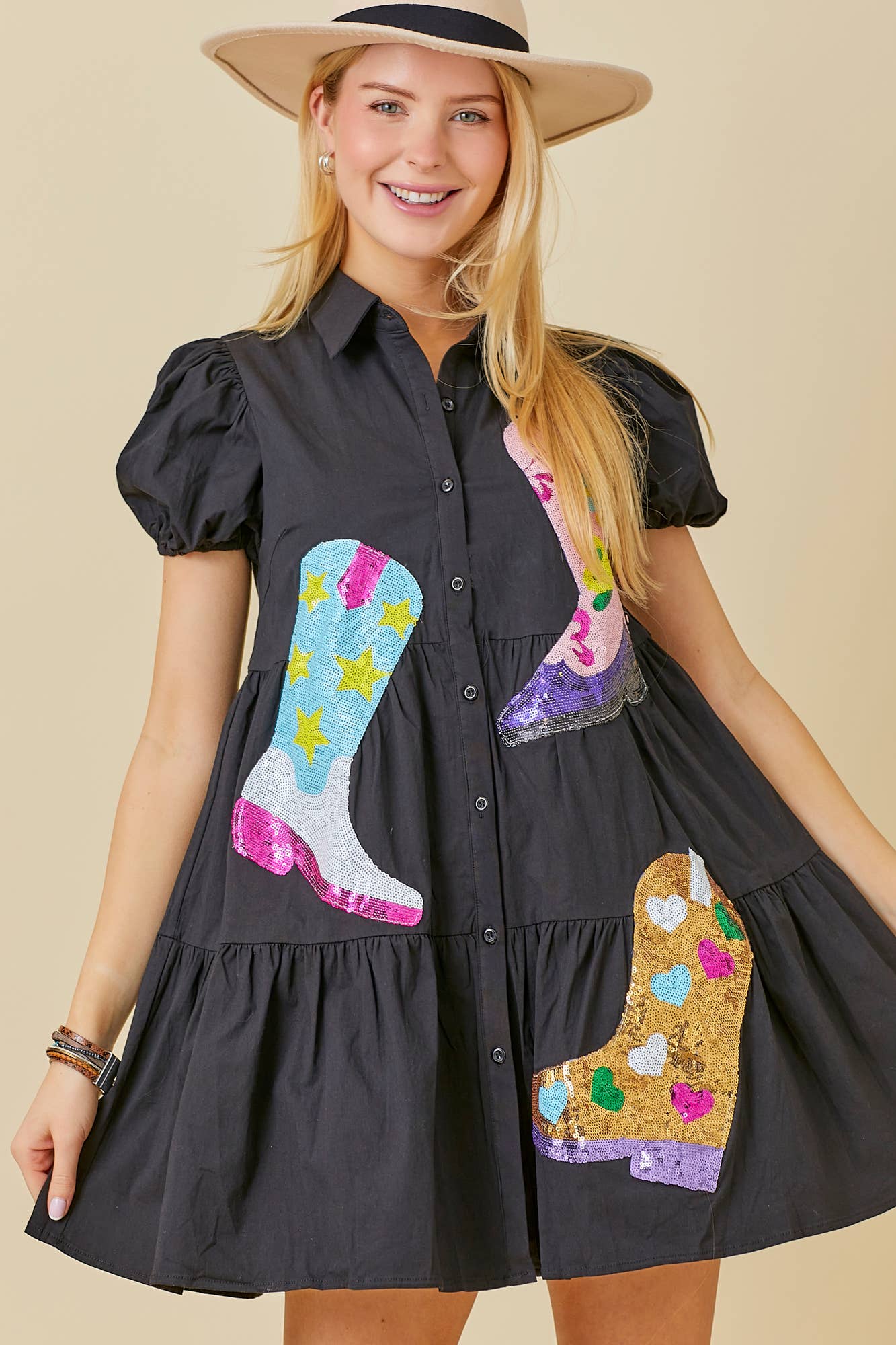 Sequin Boots Patch Solid Dress - Final Sale