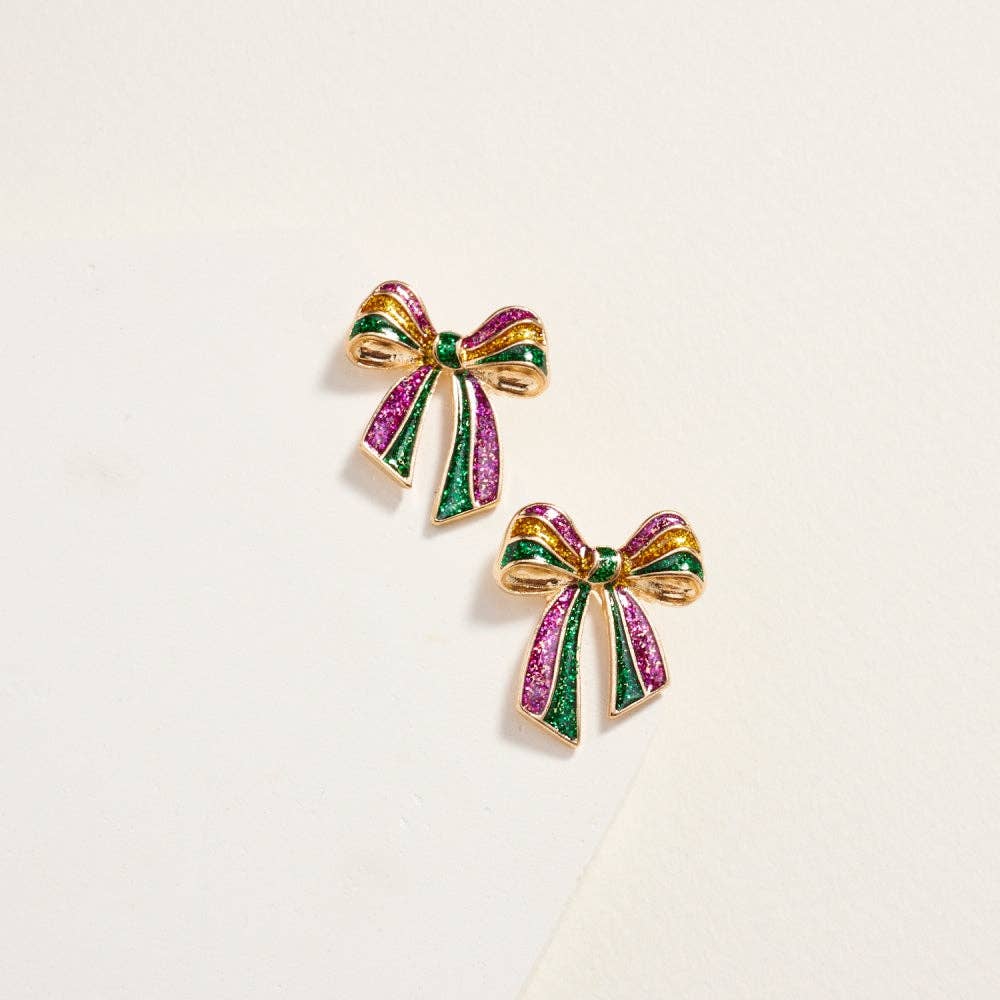Mardi Gras Glitter Bow Ribbon Post Earrings