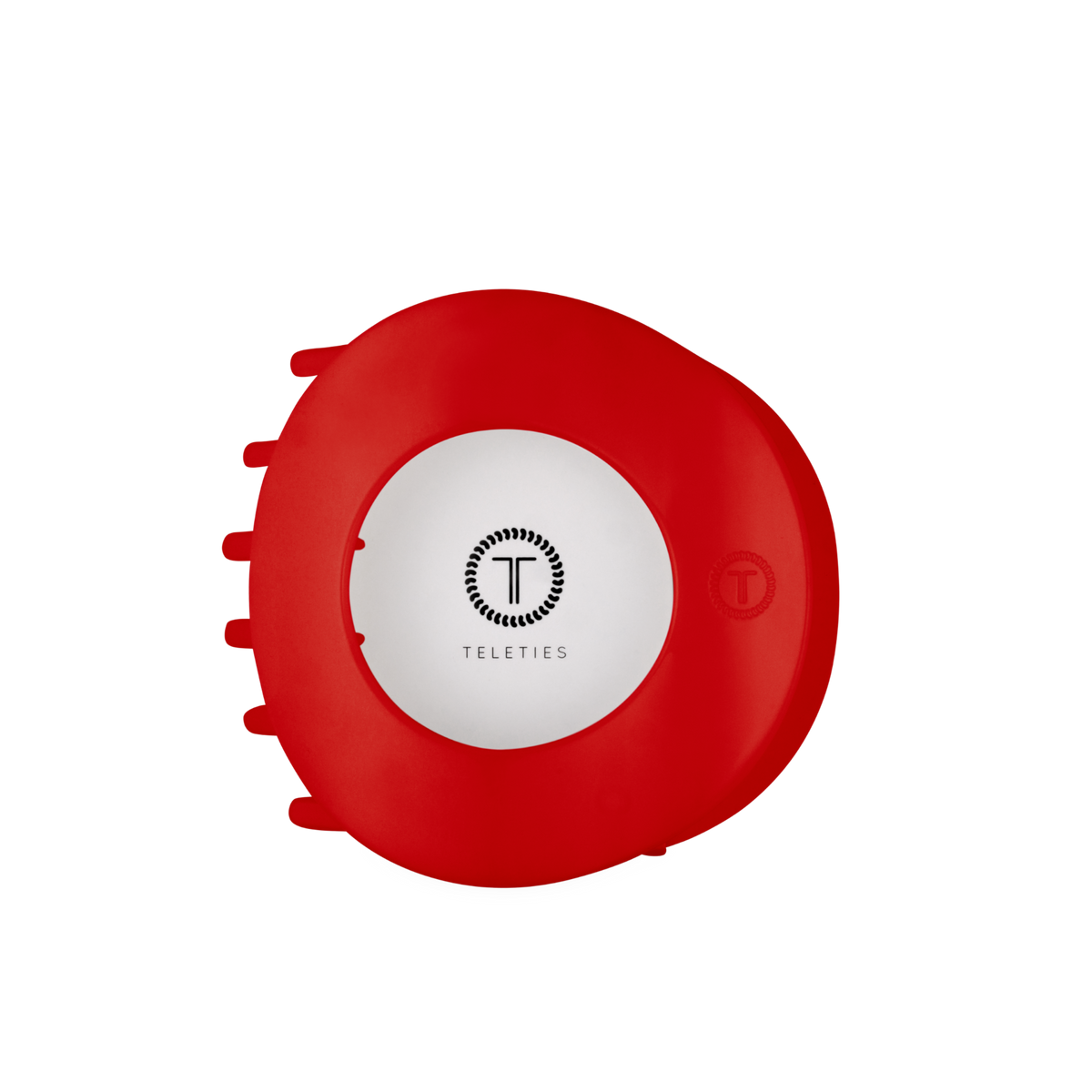 Underside of the Red Carpet Ready large flat circle hair clip showing the TELETIES logo