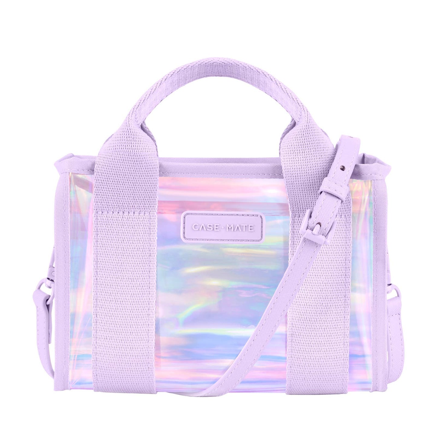 Lavender  iridescent trasnparent handbag with a transparent strap featuring a holographic design on a white background.