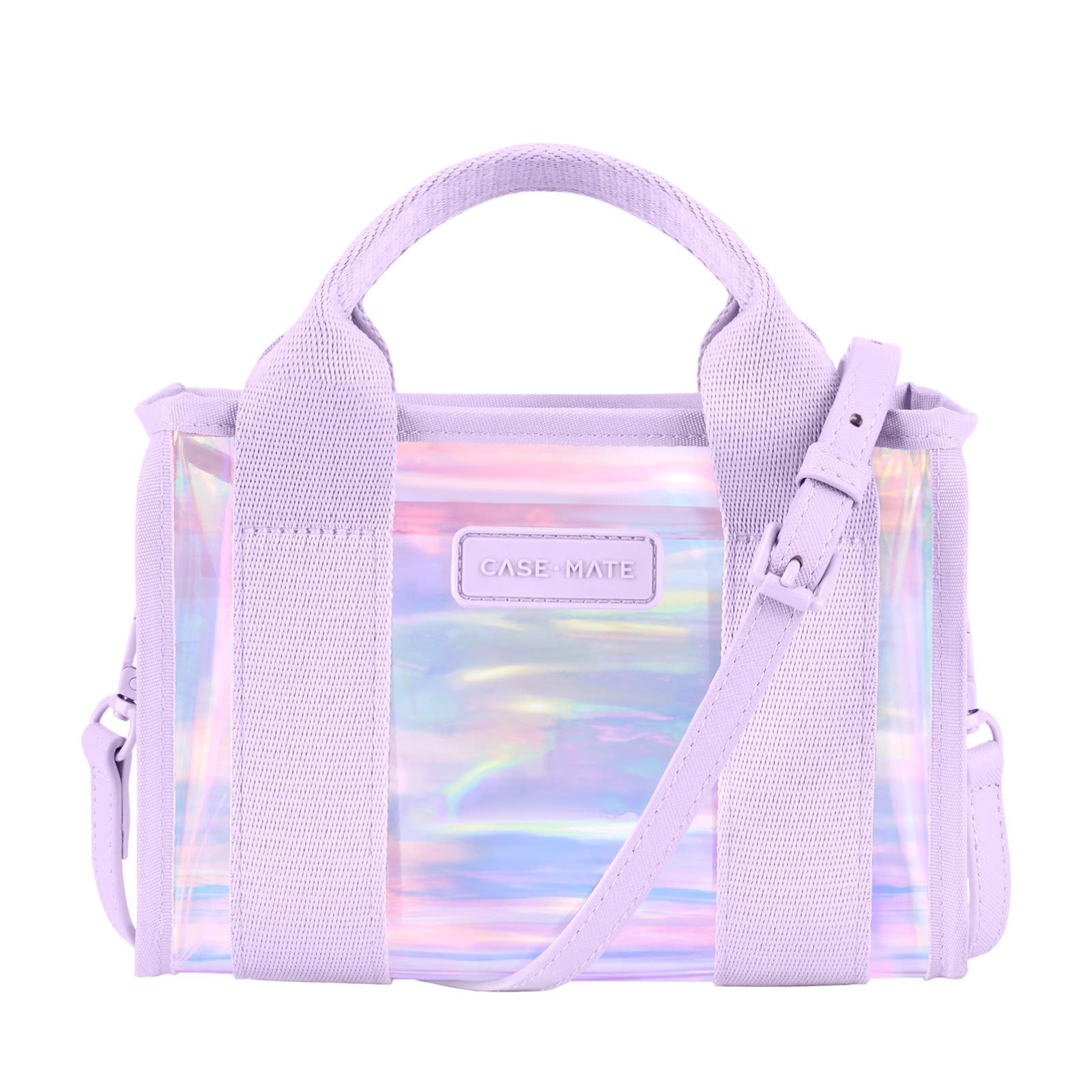 Lavender  iridescent trasnparent handbag with a transparent strap featuring a holographic design on a white background.