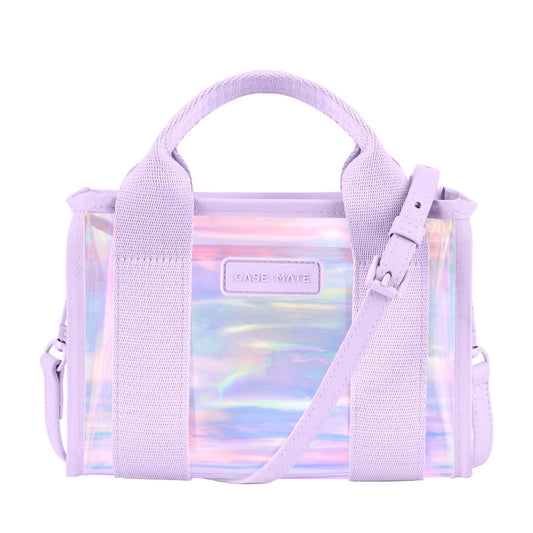 Lavender  iridescent trasnparent handbag with a transparent strap featuring a holographic design on a white background.
