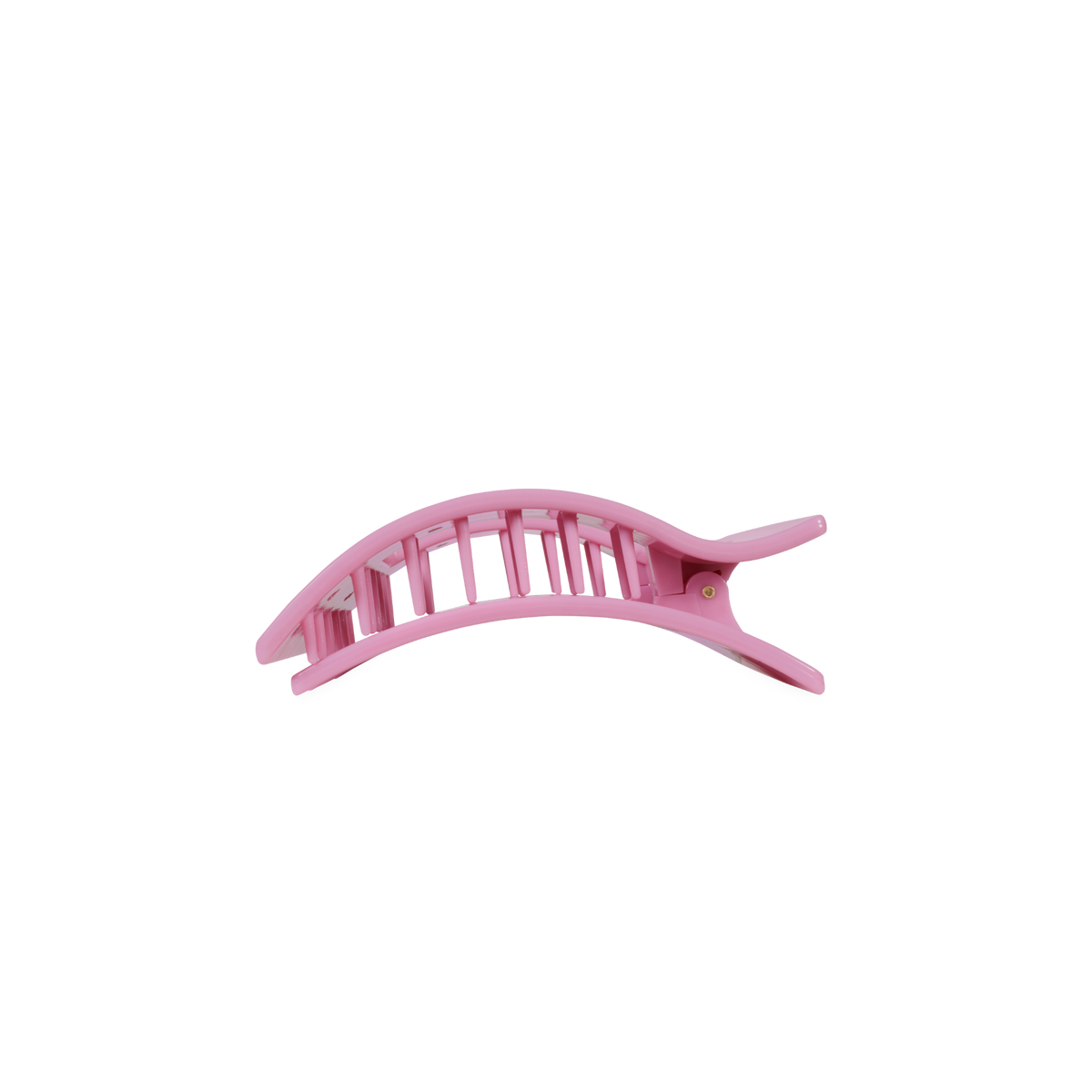 Side view of the pink Just Add a Bow small flat rectangle hair clip showing its bendable teeth
