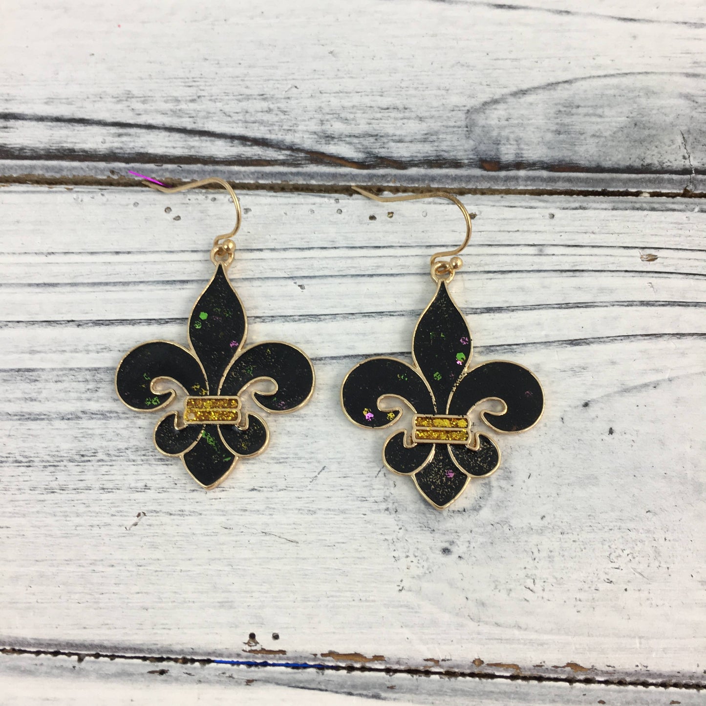 Black and gold glitter fleur de Lis earrings