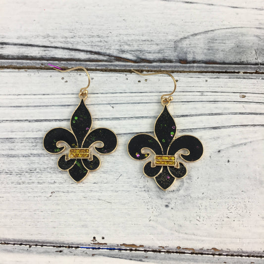 Black and gold glitter fleur de Lis earrings
